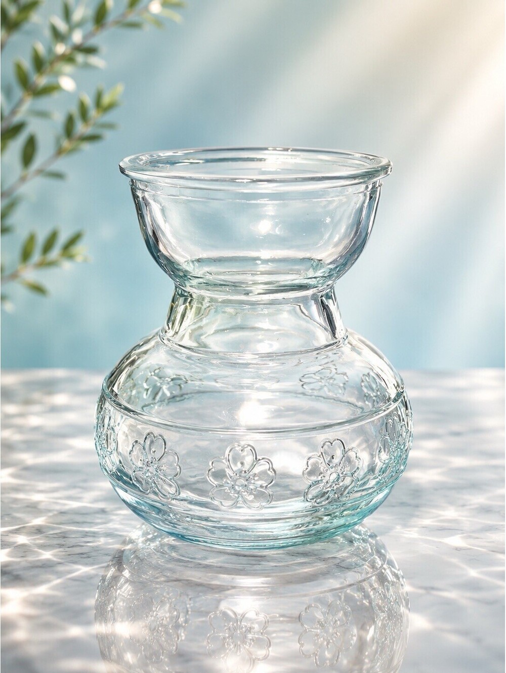 Vintage 1990s Embossed Clear Floral Glass Bulb Forcing Vase, 3x4”
